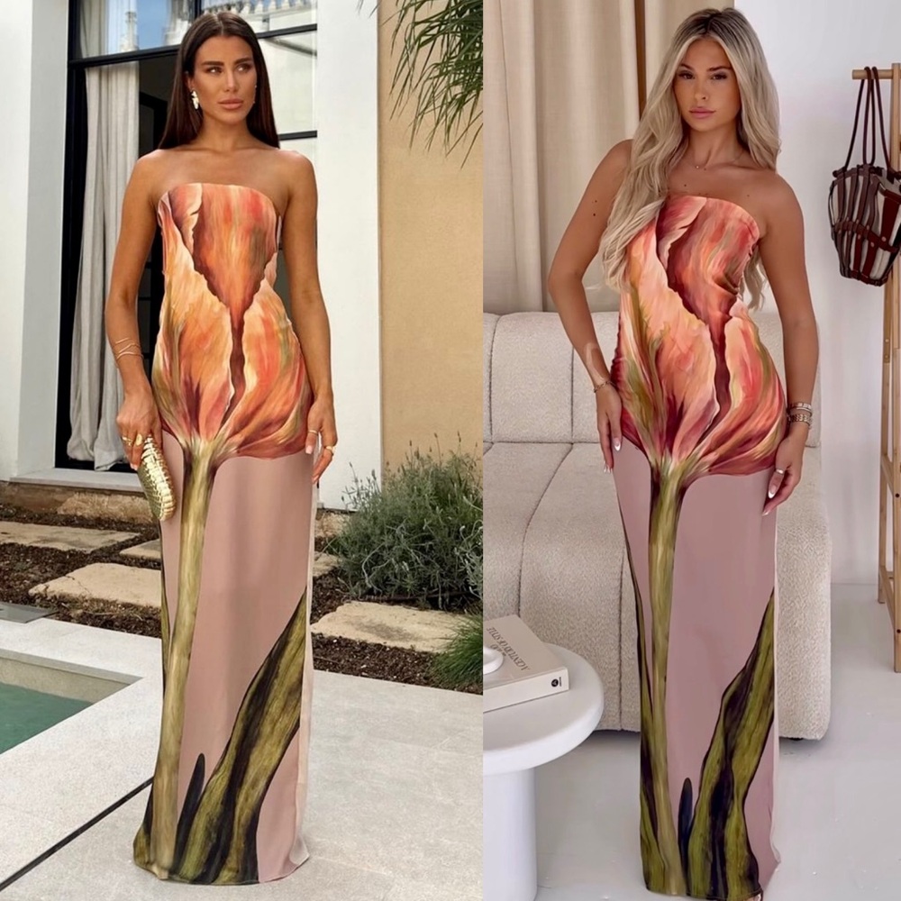 PrettyLittleThing Pink Floral Strapless Maxi Dress